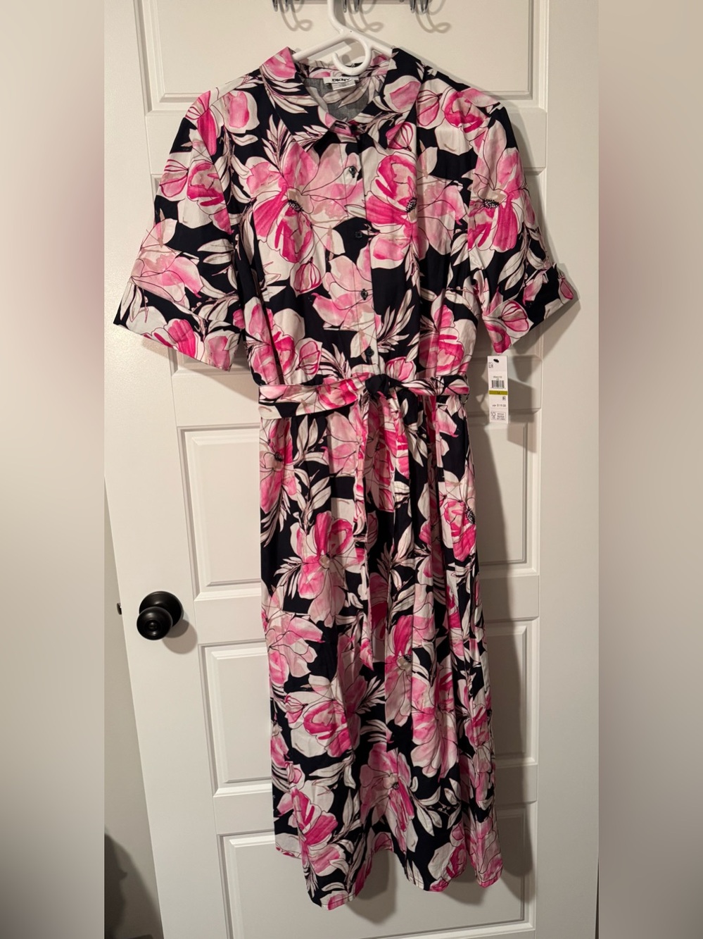 NWT DKNY 100% Cotton Button-Front Maxi Shirtdress, Pink/Navy Floral, Size 14